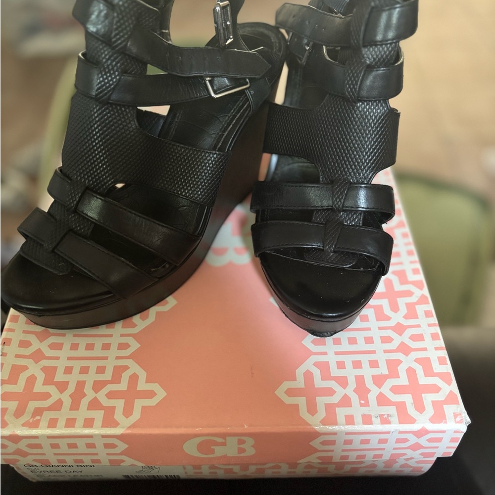 Gianni Bini Black Textured Wedge Sandals